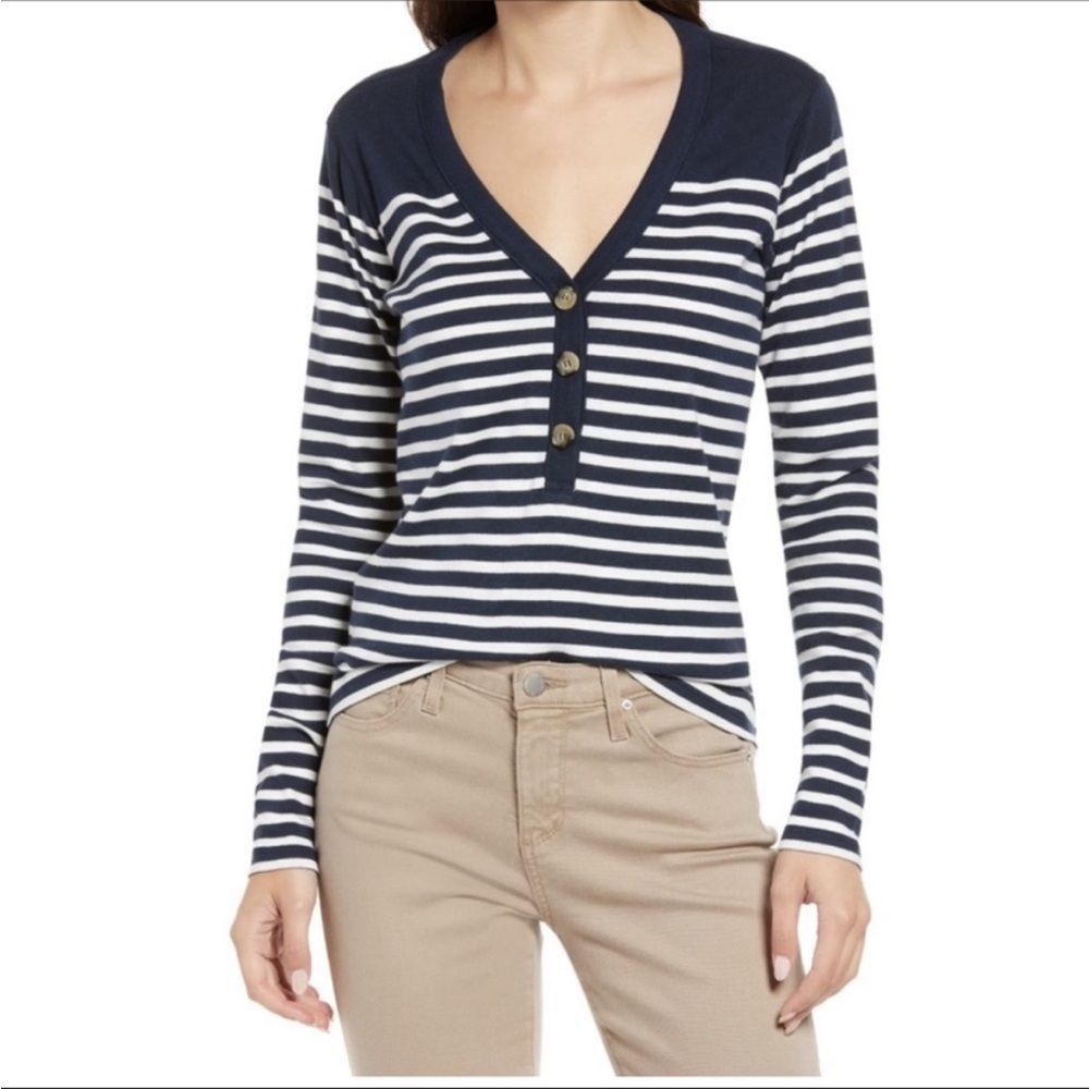 La Ligne Navy and White Striped Long Sleeve Henley Tee